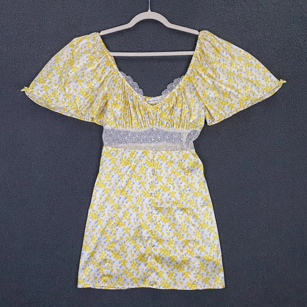 For Love & Lemons Dress FITS XS Yellow Daffodil Floral Puff Sleeve Satin Mini